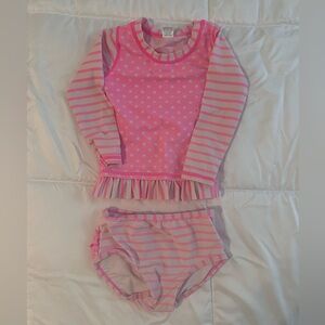 Ruffle Butts 2 piece toddler swimsuit. Rash guard and bottoms. Pink polka dot.